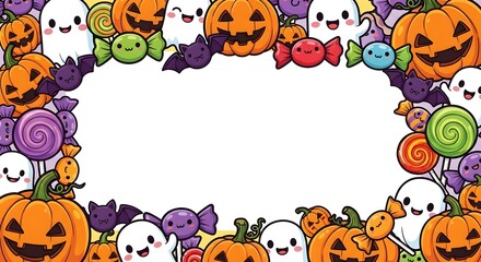 Fototapeta premium Cute halloween frame with cartoon pumpkins, ghosts, bats, and candy