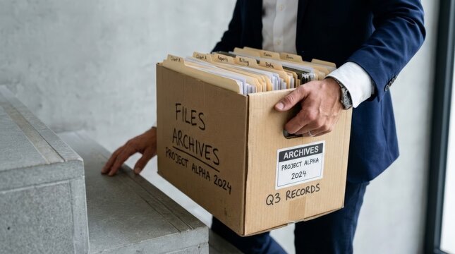 A person wearing a formal navy blazer holds a heavy cardboard box filled with organized project alpha archives and billing files, symbolizing a transition at work or a quit job scenario