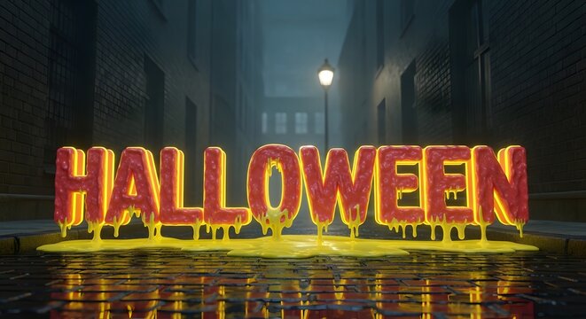 Halloween 3d text with melting yellow slime on a dark misty street background