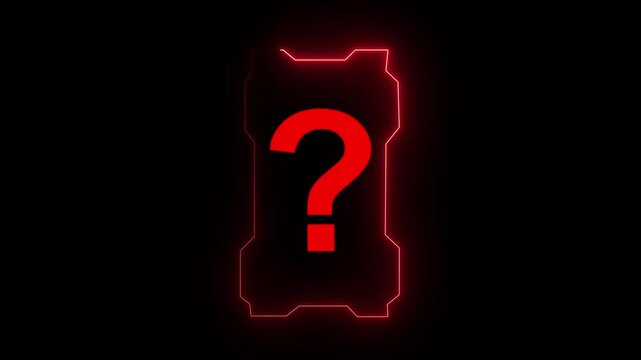 Question mark glows inside a bold red digital frame to represent uncertainty, technical errors, or unknown status in an interface design meant for high-tech software and analytical user dashboards.