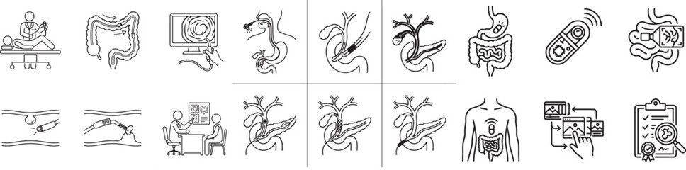 Obraz premium Comprehensive collection of thin line icons depicting various gastrointestinal medical procedures diagnostic tests and clinical examination workflows