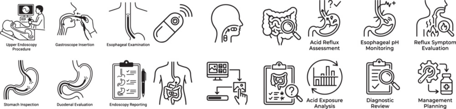 Detailed medical icon set showcasing upper endoscopy gastroscopy esophageal examination ph monitoring and gastric digestive health assessment workflows