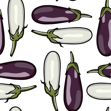 Vector seamless pattern with hand drawn ripe Snowy and Black Nadia eggplants. Beautiful food design elements, ink drawing. Perfect for prints and patterns