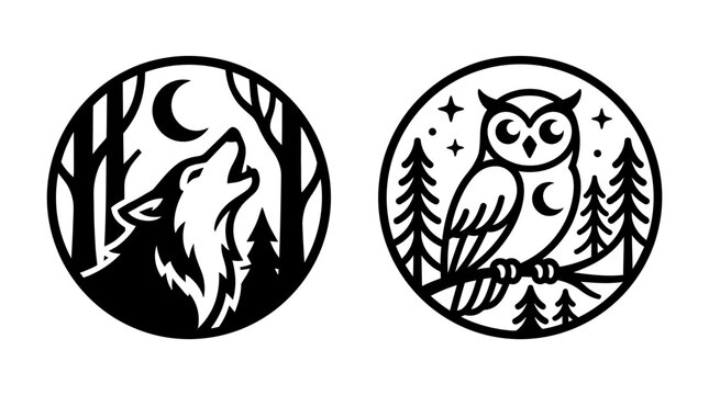 Wolf howling at moon, owl on branch, night forest circle icons