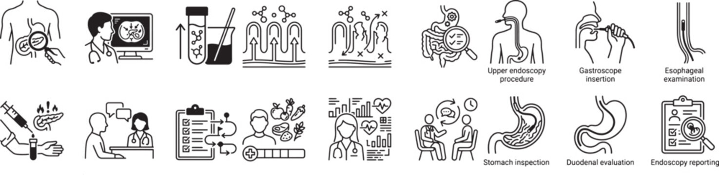 Gastroenterology icons including upper endoscopy procedure stomach inspection duodenal evaluation and gastroscope insertion for medical diagnostics