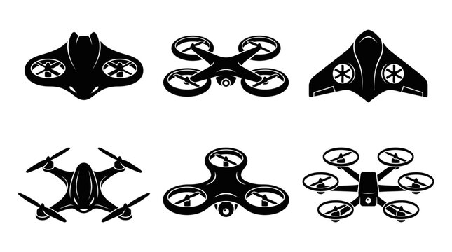 Drone Icons Set: Quadcopter, Hexacopter, Futuristic Flying Machines
