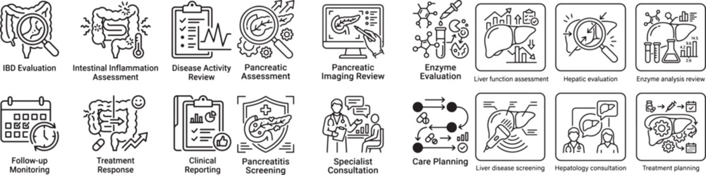 Gastroenterology medical examination and digestive health line icons set. ibd evaluation, intestinal inflammation assessment