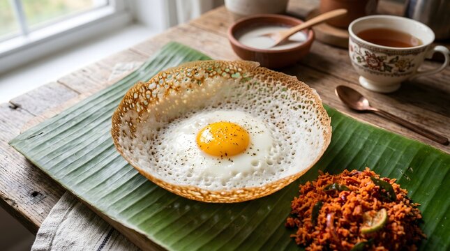 Traditional Sri Lankan egg hopper on banana leaf with sambol