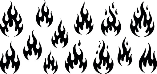 Naklejka premium Black flame silhouette set vector illustration featuring burning fire tattoo graphic element icons isolated on white background