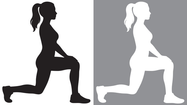 Athletic woman performing forward lunge stretching exercise for leg workout silhouette in black and white variations, customizable EPS vector file
