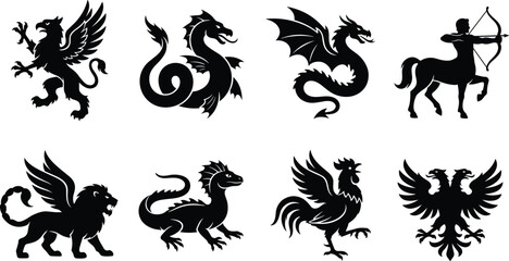 Fototapeta premium Mythical Creature Silhouette Set with Dragon Griffin Centaur and Heraldic Beasts