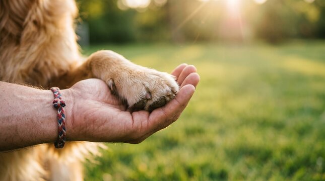 Close-up of a person's hand holding a dog's paw in a sunny park with green grass