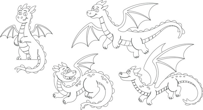 Four different friendly cartoon dragons with wings in various playful poses