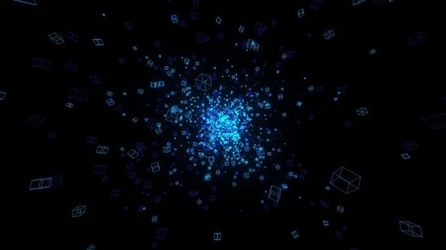 Abstract digital background with floating blue wireframe cubes in dark space