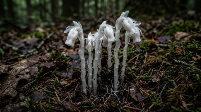 Ghost Pipe Indian Pipe Monotropa White Fungus Forest Close Up Nature Photo