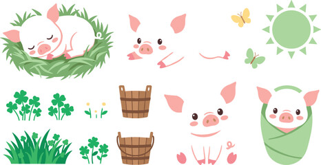 PriCute Baby Pig Vector Illustration Set with Kawaii Piglets Sleeping in Grass Wooden Buckets Clovers and Sun Elements for Kids Design Projectsnt © Masud