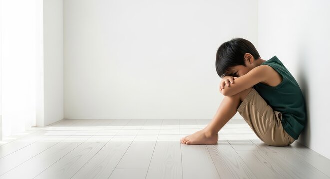 Sad and Lonely Little Boy Sitting Alone in the Corner of a Bright Empty Room, Concept of Child Depression and Isolation