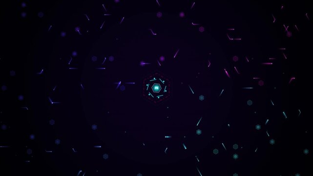 Abstract digital background with glowing neon hexagonal shapes and data particles