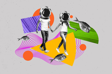 Fototapeta premium Composite collage pop zine image of peope wear helmet scuba diver under water fishing vacation journey aquarium habitat explore