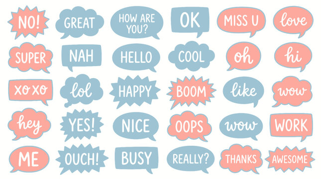 A vibrant collection of hand-drawn doodle speech bubbles and comic text shapes with various short English phrases, illustrating fun social media interaction and digital communication