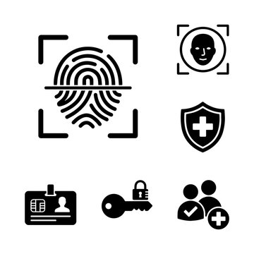 Set of black security and medical identification featuring fingerprint scanning, facial recognition, health shields, and id cards with keys