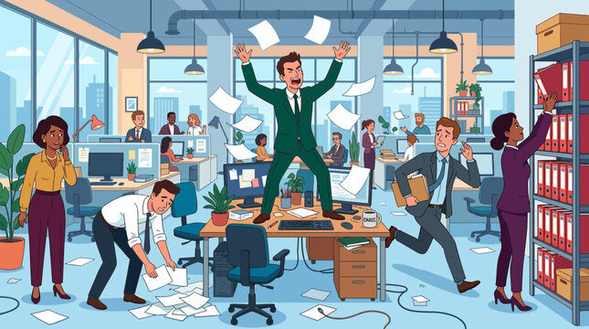 A stressed businessman stands on his desk yelling amidst flying papers, while diverse colleagues react in a chaotic open-plan office, illustrating workplace stress, expressing overwhelming workload