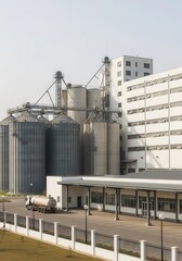 Obraz premium Large Industrial Grain Silos and Processing Plant Building with Tanker Truck in the Yard