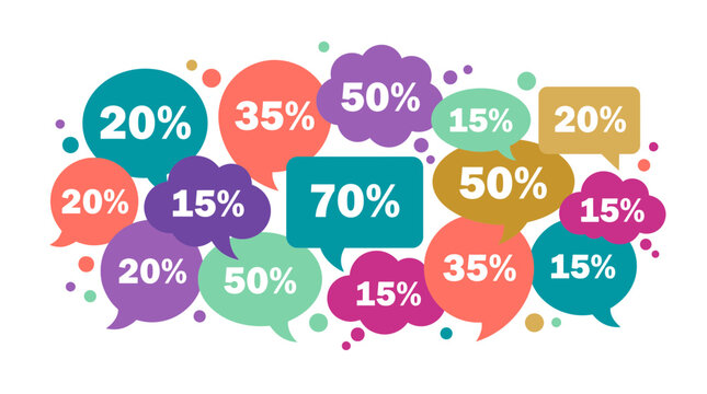 Colorful speech and thought bubbles featuring various discount percentages from 15% to 70% arranged on a white background, representing sales promotions and marketing campaigns