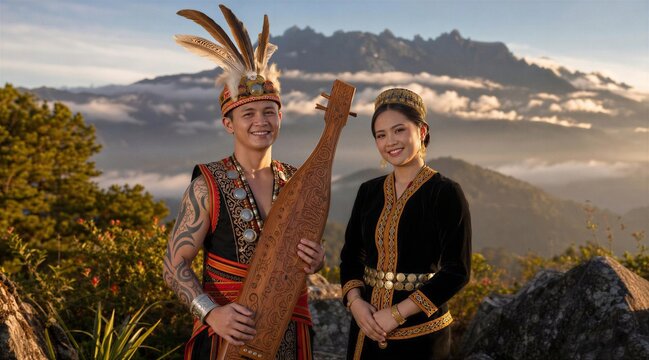 East Malaysian Couple in Sarawak Iban and Sabah Kadazan Traditional Costumes at Mount Kinabalu