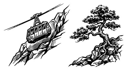 Cable Car Ascending Rocky Mountain & Bonsai Tree on Rocks © Eka