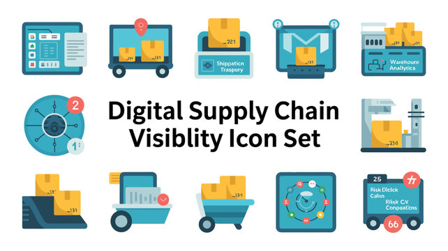 Supply chain visibility icon set flat vector illustrations depicting logistics and warehouse management delivery transportation shipping analytics data