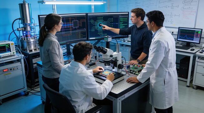 Diverse team of engineers and scientists researching quantum computing hardware in a high-tech laboratory