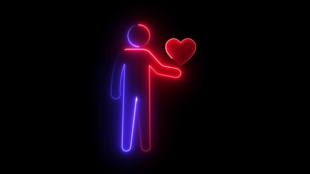 Neon glowing human figure holding a red heart symbol animation. 4k video motion graphic 
