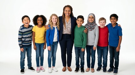 Obraz premium Diverse elementary school children and their smiling female teacher posing together on a white background