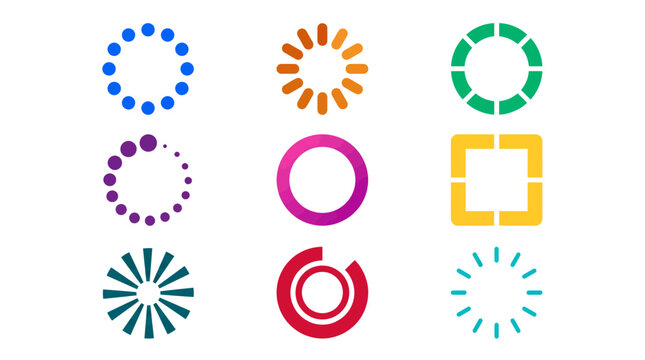 Nine distinct colorful loading spinner icons in various circular and square shapes on a clean white background, illustrating data processing and symbolizing interactive user experiences