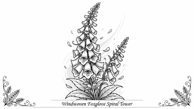 Foxglove Illustration With Delicate Leaves And Blossoms A Detailed Black And White Vector Graphic digitalis flower blossom floral