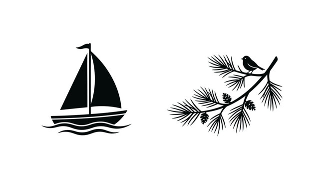 Silhouette of sailboat and bird on pine branch, isolated on white