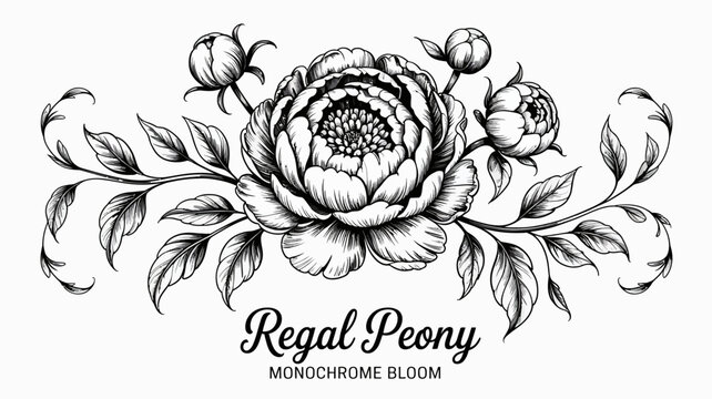 Detailed botanical illustration of a peony flower with buds and leaves on a white background peonies flowers floral
