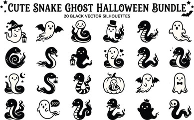 Fototapeta premium Snake And Ghost Silhouettes Black Vector Illustrations For Halloween Designs