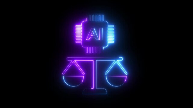 Ai ethics and law concept: glowing neon cpu processor on scales of justice .4k video animation 