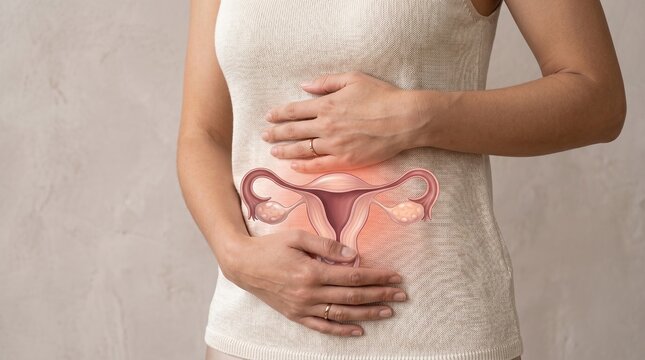 Woman experiencing abdominal pain, with an illustration of the female reproductive system highlighted, suggesting gynecological issues or discomfort.