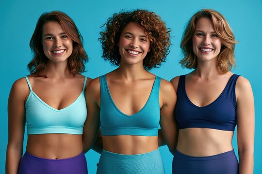 Three diverse women posing confidently in colorful bralettes and high - waist briefs