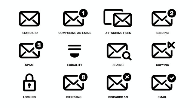 Collection Of Email Icons Representing Various Actions Black Line Art On White Background mail message envelope inbox outgoing