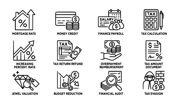 Mortgage Rate Tax Finance and Money Credit Line Icons Set with Payroll Refund and Financial Accounting Concepts