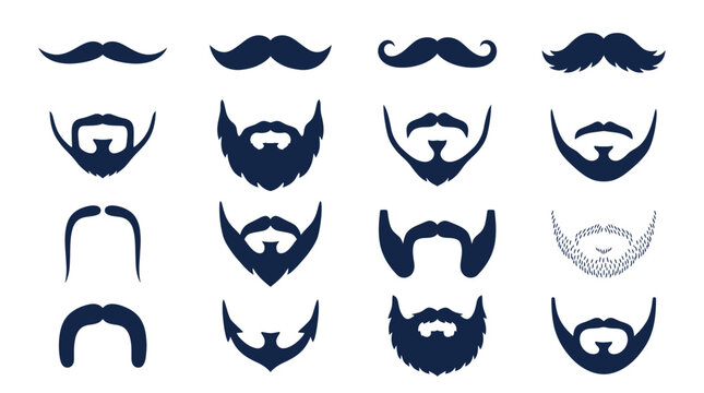 Diverse vector collection of dark blue mustache and beard styles in silhouette on a pristine white background, Symbolizing men's grooming fashion and illustrating diverse character identity