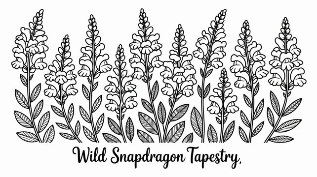 Floral ornament of snapdragon plants a detailed black and white vector illustration on a white background snapdragons antirrhinum
