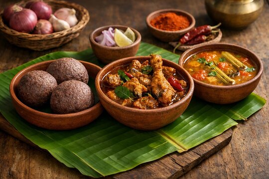 Traditional South Indian meal featuring spicy chicken curry and ragi mudde served in rustic clay bowls on a fresh green banana leaf over wooden surface