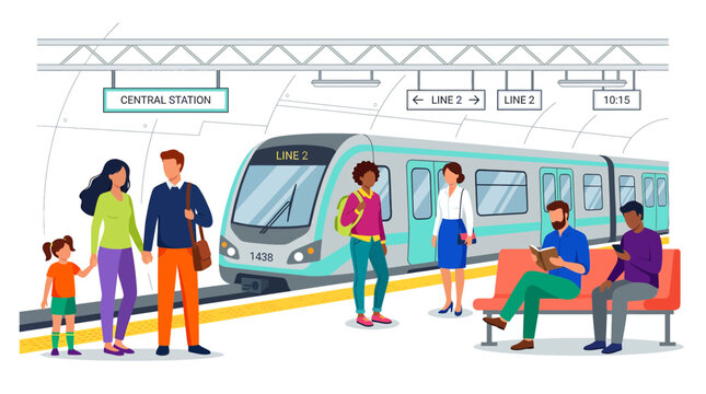 Diverse passengers wait on a bright subway platform for an arriving train at Central Station, Represents urban public transit and the bustling daily commute of city life