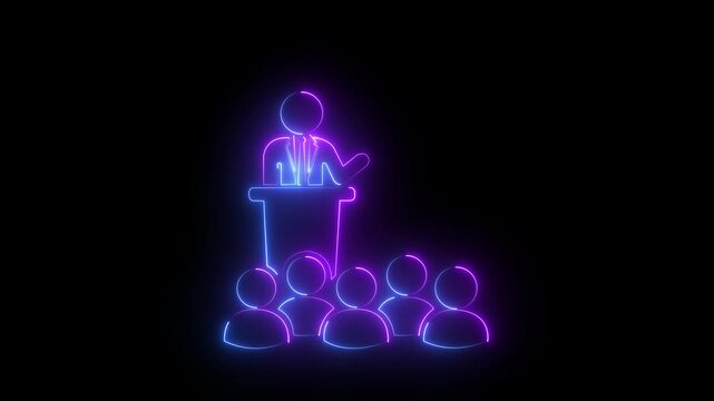 Neon glowing speaker at podium presenting to audience animation on black background .4k video motion graphic animation .