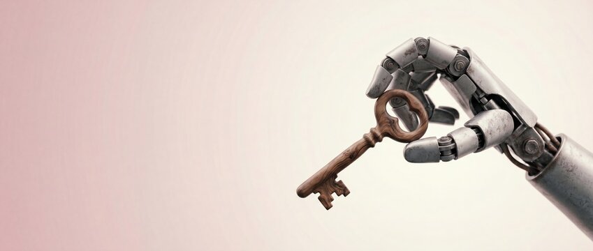 Mechanical robot hand grasping an old vintage wooden key